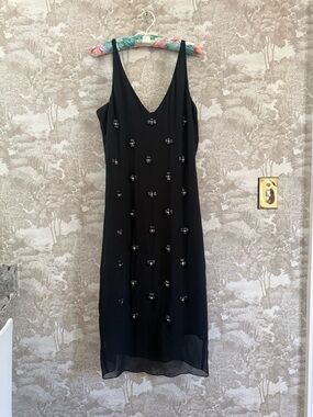Tibi 100% Silk Black Beaded Midi Slip Dress